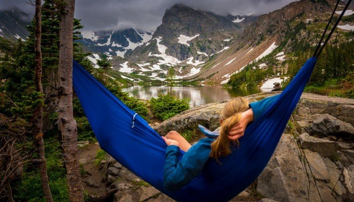 Resting on a camping hammock